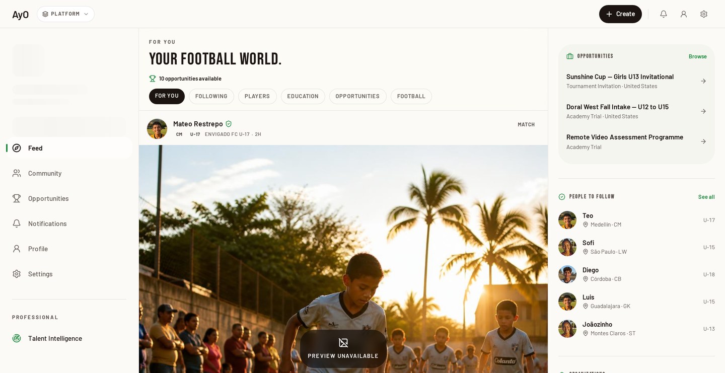 The AyO feed showing athlete match highlights, opportunities and people to follow